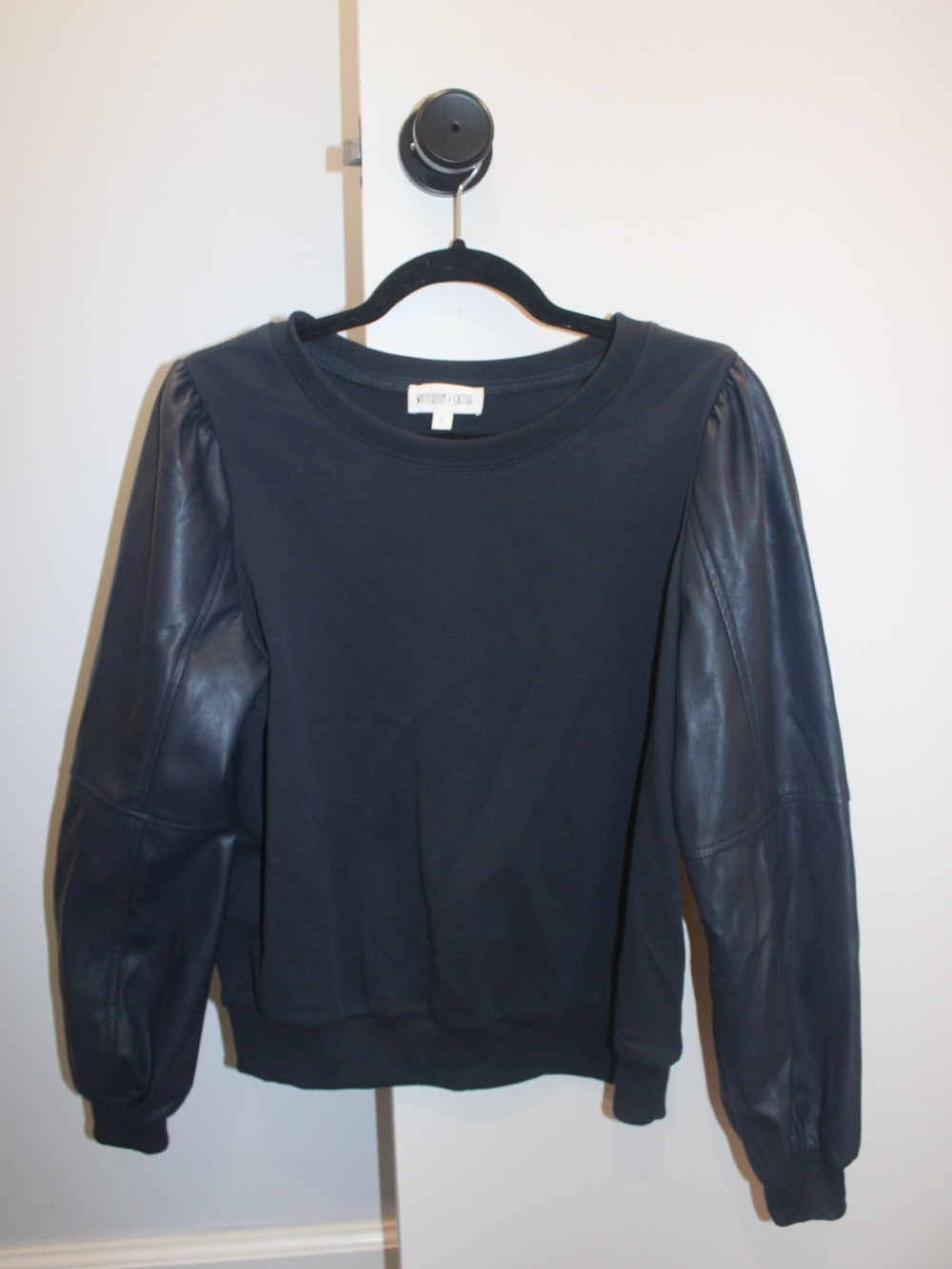 Whiteroom + Cactus Black Sweatshirt with Faux Leather Sleeves - Small